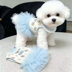ALLLUCK Soft Thin Summer Dog Dress Cute Style Blue Color Princess Dress Cute Puppy Pattern Teddy Dog Skirt for Small Dogs