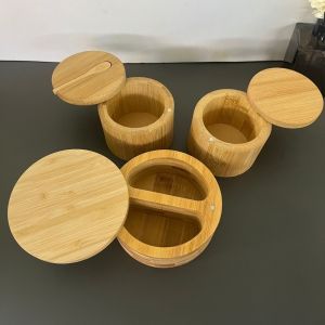 COOLSOOL ic Swivel Lid Bamboo Seasoning Storage Box Rotatable with Spoon Pepper Sugar Spice Holder  Round Container Salt Keeper Cooking Tool
