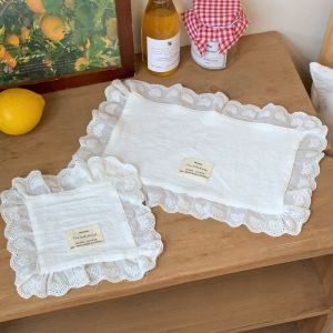 INSTALLSTORE64RE9 Dust-proof Material Lace Ruffle Placemats Cotton Fabric Lace Ruffle Design Cotton Table Napkins Stylish Flounced Edges Dust-proof Table Decor Wedding Decoration
