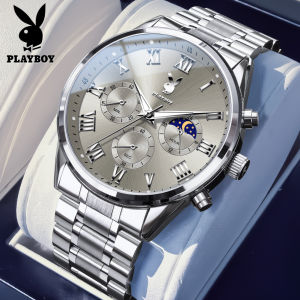 PLAYBOY Watch Men Waterproof Original Stainless Steel Strap Casual Fashion Business Chronograph Luminous calendar Mens Watches