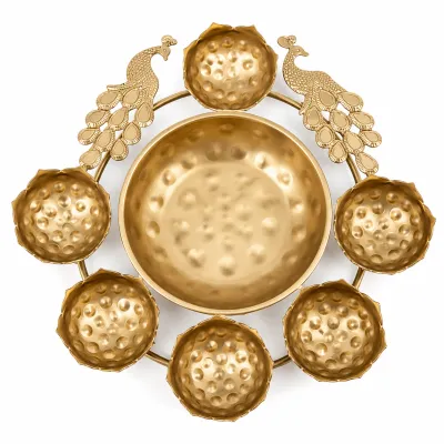Decorative Metal Urli Bowl with Peacock Design & 6 Lotus Tealight Holders | Floating Flower Urli for Pooja Room (Pack of 1 | Size - 9.5 Inch)