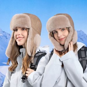 FSSSAA Thickened Faux Fur Pilot Cap Windproof Outdoor Ear Protection Hat Casual Fluffy Winter Earflap Hat Winter