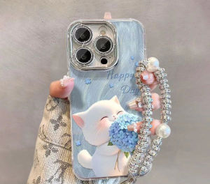 Trường hợp đối với iPhone 15 Pro Max 14Promax 13Pro dễ thương mèo bảo vệ với xách tay Handstrap long lanh cứng bìa cho iphone11promax