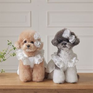 GUTUN ลูกไม้ ชุดเจ้าหญิงสัตว์เลี้ยง นุ่มนวล ดีไซน์บาง กระโปรงแขนบินลายแมว ของใช้สำหรับสัตว์เลี้ยง ระบายอากาศได้ดี ชุดฤดูร้อนสำหรับสัตว์เลี้ยง สำหรับลูกสุนัขและลูกแมว