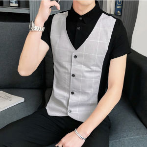 Áo sơ mi áo sơ mi nam cộc tay giả gile dáng ôm body lên form chuẩn đẹp - H42