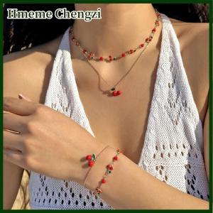 Hmeme Cute Sweet Red Cherry Chain Bracelet Necklace Anklets For Women Vintage Fruit Jewelry Wedding Party Gift