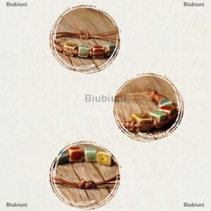 [COD] Biubiuni Giản dị phong cách dân tộc thời trang Gốm đính cườm thanh nhã Vòng đeo tay cho phụ nữ người đàn ông Bangle có thể điều chỉnh Handmade Hạt Gốm sáp dây vòng đeo tay