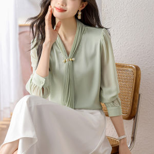 AMMIN 2025 Spring New Fashion Pleated Beaded Tie Design Commuter Chiffon Blouse for Women Korean Style Simple Light Green Long Sleeve Elegant Blouse