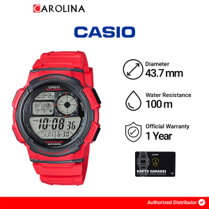 Jam Tangan Pria Casio General AE-1000W-4A Year Battery Life Digital Dial Red Resin Band Quartz Watch
