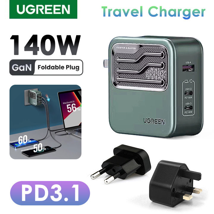 UGREEN 140W GaN Fast Charger with UK/EU/US Plugs 3-Ports 2C1A 2 Type-C ...