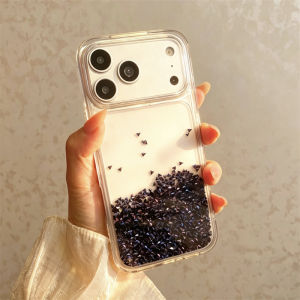 Glitter Black Quicksand Case for iPhone 17 16 15 14 Pro Max Liquid Phone Shell Fashion Sparkling Rhinestones Fundas Clear Coque