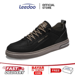 Leedoo Sepatu Pria Formal Sneakers Muda Kekinian Tali Hitam Kulit Sepatu Shoes Putih MC421