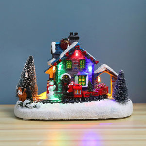 [Easybuy88] Christmas Village House With LED Light Resin Collectable Christmas Scene Village Houses Figurine Ornaments Decoration Gifts