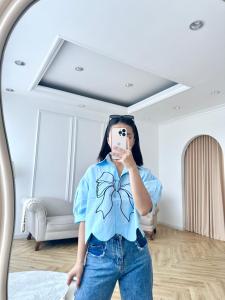 NANDO ATASAN KEMEJA WANITA CROP TOP BORDIR PITA KOREA STYLE CUTE LENGAN PENDEK BAHAN KATUN POPLIN IMPORT VIRAL