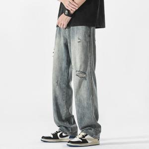 IELGY กางเกงยีนส์แต่งลายขาดๆชายกางเกงทรงหลวมตรงสไตล์อเมริกันแบบบางใส่ฤดูร้อน