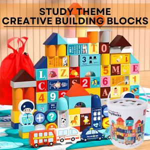 BYJ Wooden Study Theme Creative Building Blocks Letter Recognition Montessori Toy for Kids