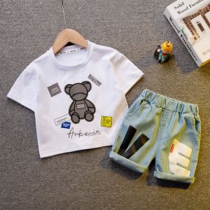 Summer new style 0-5 years old boy and girl baby handsome bear printing cotton round neck T-shirt + casual letter shorts [in stock]