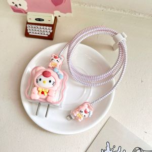 5in1 Set Cover Pelindung Charger iPhone 18W/20W/25W Motif 3D Cartoon Lucu Silikon Case Pelindung Batok Ujung Kabel Pengikat Kabel Ikat Kabel Travel Adapter Adaptor Silicone Cable Bite