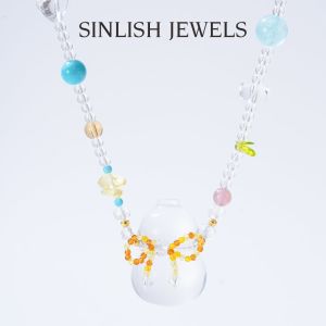 SINLISH Bow Crystal Necklace Colorful Gemstone Beads with Transparent Crystal Chain Cute Trendy Jewelry