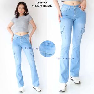 7C-G HW CUTBRAY CARGO CELANA JEANS WANITA CARGO HIIGWAIST CUTBRAY CARGO WANITA BIRU MUDA