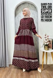 GAMIS BATIK PEKALONGAN BAHAN TWILL MODEL PLOY RESLETING DEPAN GAMIS WANITA MOTIF BATIK CAP MEWAH