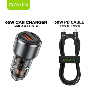 BAVIN PC2153 65W PD Mini Compact & Portable Fast Charging Car Charger w/ USB-C+USB-A Ports + 1m Cable for Phones/Laptop