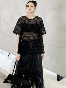 XITAO Hollow Out Mesh Patchwork Pullover T-shirts Solid Color O-neck Short Sleeve Loose Tops Summer All Match HQQ2305