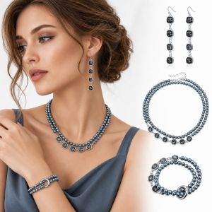 ZYJC Black Crystal Beaded Jewelry Set Double-layer Spliced necklace Western Style Square Diamond Necklace Bracelet Earrings Womens Everyday Accessories