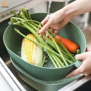 Vision Double Layer Multi-Functional Drain Plastic Basket Basin to Wash Drain Filter Vegetable Fruit Noodles Washing Basket Household Kitchen Storage Kitchen Strainer