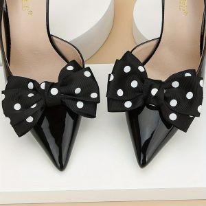[Free Shipping] Single-Piece Simple And Versatile WomenS Shoe Accessory Black Ribbed Strap With White Polka Dots Detachable Shoe Decoration