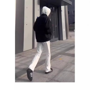 COD White micro-pull denim straight trousers light and thin American thin straight mens pants high street slim-fit scimitar trousersGHFDGFJHGD