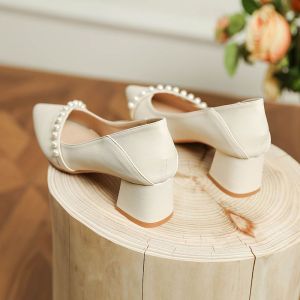 DTL-Apricot womens shallow mouth pointed toe soft leather thick heel evening style wedding shoes bridesmaid shoes wedding dress versatile medium and high heel womens single shoes