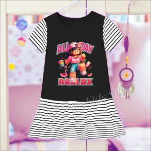 Dress Anak Perempuan Kombinasi Salur Motif ROBLOX Untuk Usia 1-8 Thn Daster Anak Motif Terbaru