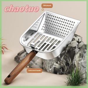 chaotuo Stainless Steel Cat Litter Scoop Long Wooden Handle Pet Waste Shovel Cleaning Tool Long Handled Hollow Shovel Cats Supplies