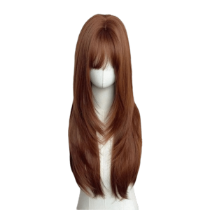 JON09 Hairstyle Long Straight Layered Wig 24 Inch Heat-Resistant Synthetic Wigs with Bangs Stylish Smooth Hair Dark Orange Cosplay Wig for Women
