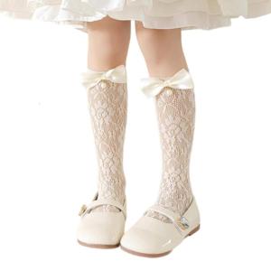 Sweet Bowknot Middle Tube Socks Comfortable Hollowed Piled Up Socks Solid Color In Tube Socks for School and Festivals