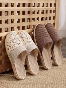 Women Indoor Linen Slippers 2026 Spring Summer Shoes Anti-slip Light Weight Breathable Lace Couples Home Floor Slides