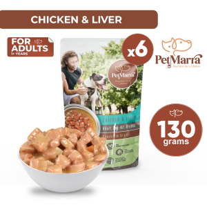 PetMarra Chunks in Gravy Adult Dog Wet Food Pouch Chicken and Liver Flavor 130g Ages 1 Year and Above BUNDLE OF 6