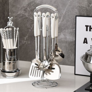 JustLiving 7PCS/Set Spatula Ceramic Set Cookware Stainless Steel Ceramic Scandinavian Food Grade Kitchen Stainless Steel White Spatula Cookware Set Home Frying Spatula Soup Spoon Cooking Cookware