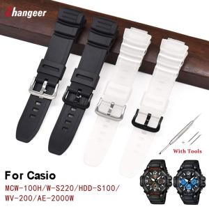 zhangeer Resin Watch Bands Fit For Casio MC W-100H W-S220 HDD-S100 Pin Buckle Replacement 16mm Men Women Sport Waterproof TPU Bracelet Black Translucent Blue Accessories with tools
