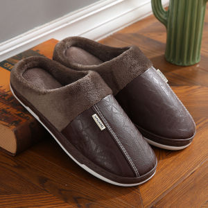 PU Leather Slippers For Men Warm Thick-Soled Indoor Cotton Slippers For Winter WomenS Waterproof And Non-Slip Thick-Soled Slippers
