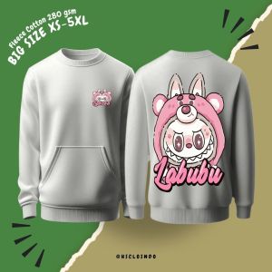 Hoodie Jumper HSCLO Cartoon Labubu Pink Warna Putih Bahan Fleece Jaket Lengan Panjang Ukuran Jumbo Big Size XS S M L XL XXL 3XL 4XL 5XL