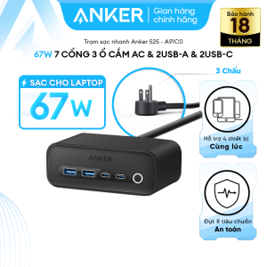 Trạm sạc nhanh 7in1 Anker 525 67W - 7 cổng (3 ổ cắm AC & 2USB-A & 2USB-C) - A91C0
