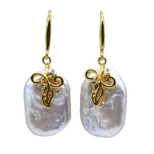 Leaf Shaped Square Flat High Quality Lustrous Natural Baroque Freshwater Pearls Womens Fashion Drop Earrings Party Wedding Holi