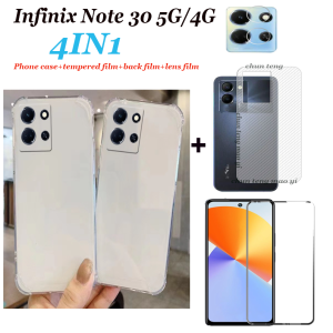 （4in1）For Infinix Note 30 5G Transparent Phone Case Infinix Note 12 G96 Transparent Airbag Shockproof Phone Case + Full Screen Tempered Film + Carbon Fiber Black film