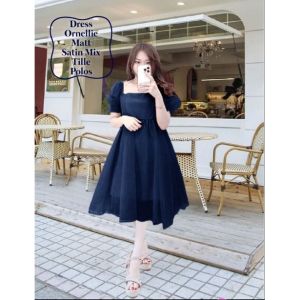 Dress Midi Wanita Terbaru Korean Style dress Puffy Ornellie Matt Satin Velvet Mix Tille Polos Model fashion viral kekinian Dress Pesta Natal Good Quality Premium