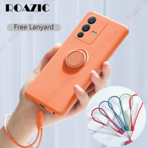 ROAZIC For Samsung Galaxy A56 5G Phone Case With Lanyard Soft Liquid Silicone Casing Ring Holder Shockproof Bracket Back Cover JS12