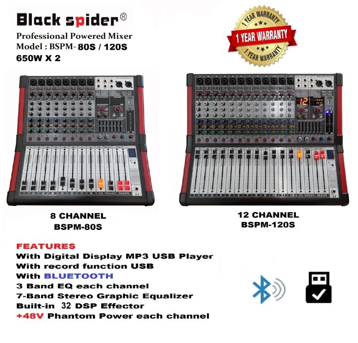 BLACK SPIDER 8 ,12 Channel Power Mixer With USB Player & Bluetooth