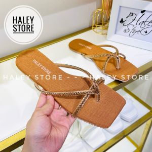 Dép kẹp A đá HALEY STORE đế bệt mũi vuông đính đá xoàn quai ngang tiểu thư đi chơi đi học đi du lịch êm chân dễ mang
