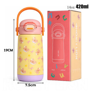 Kids Water Bottle 410ml 304 Stainless Steel Vacuum Insulated Tumbler Anti Spill Straw Cup Soft Silicon Handle - HoneyLion